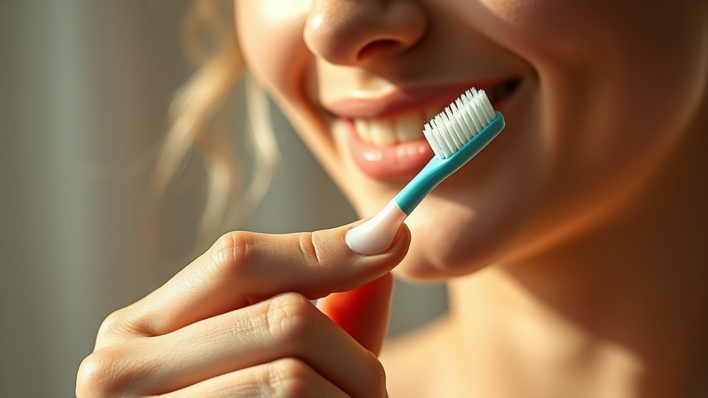 A hand holding a soft toothbrush lightly, angled toward the gumline