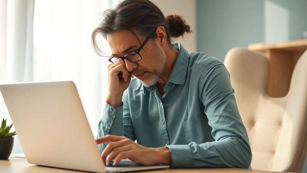 A person pausing at a laptop, shoulders lowered and jaw relaxed, phone set down