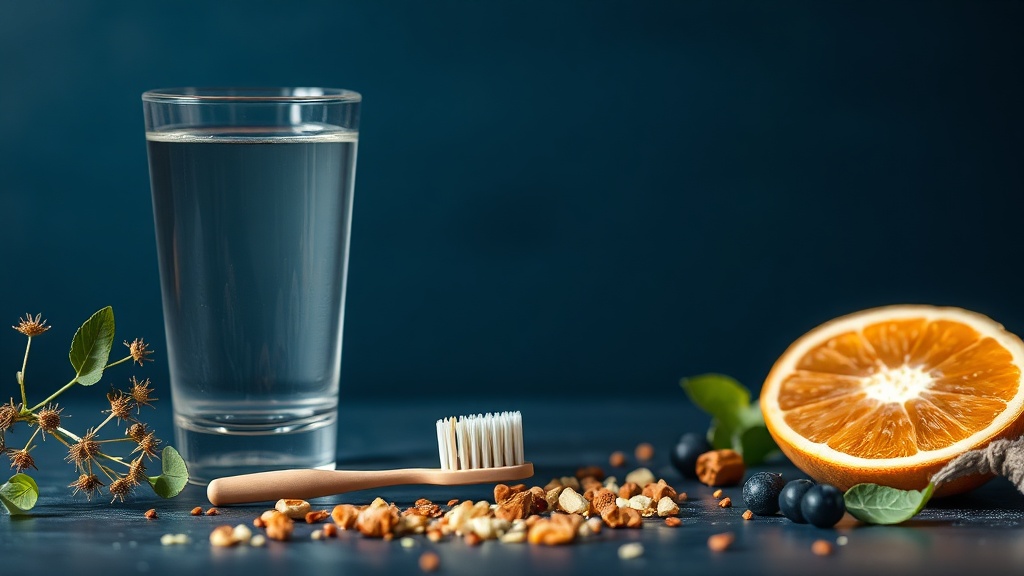 Still-life of a glass of water and a soft toothbrush representing diet, saliva and gentle daily care