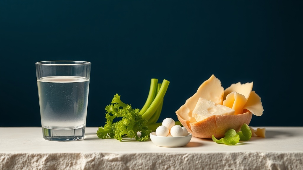 A calm still life of water, cheese, crunchy vegetables and sugar-free gum