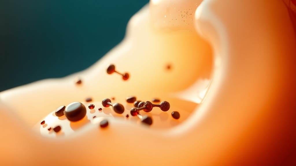 Dark coffee pigment molecules settling onto the thin protein pellicle layer coating a tooth surface