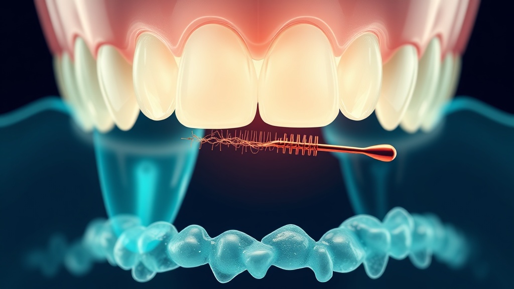 Illustration of a brush and interdental thread breaking up plaque along the gumline between two teeth