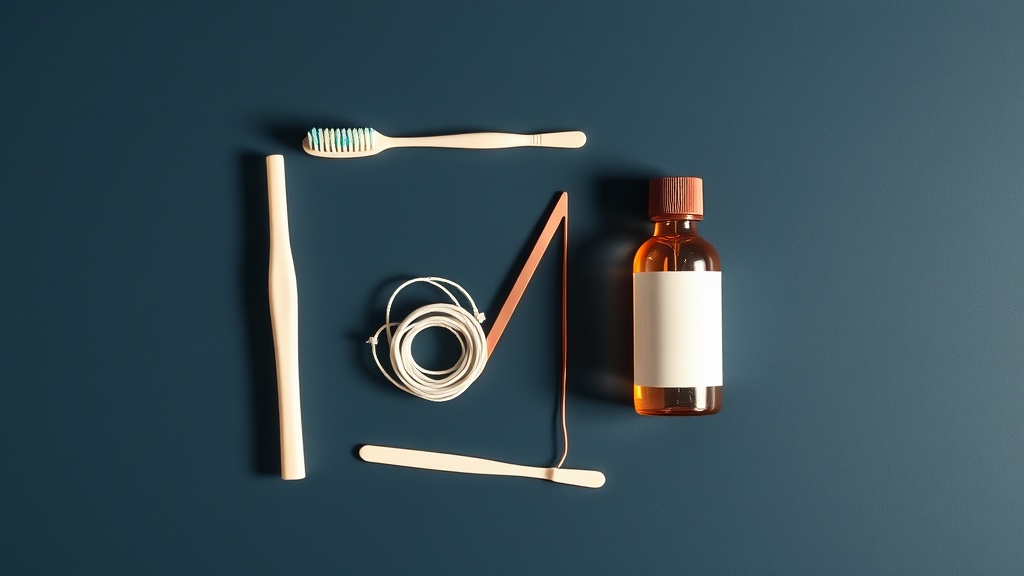 A flat-lay of a simple daily plaque-control kit: toothbrush, floss, tongue scraper and rinse