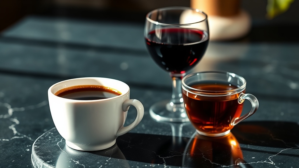 Coffee, red wine and black tea on a dark stone surface, the main sources of extrinsic tooth stain