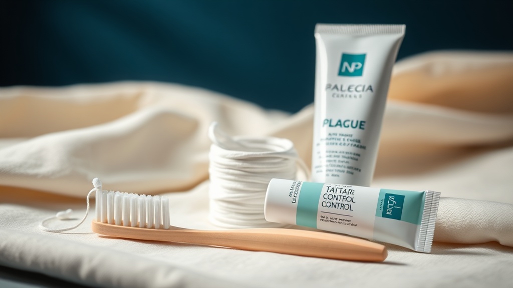 A toothbrush, floss and tartar-control toothpaste arranged on cloth
