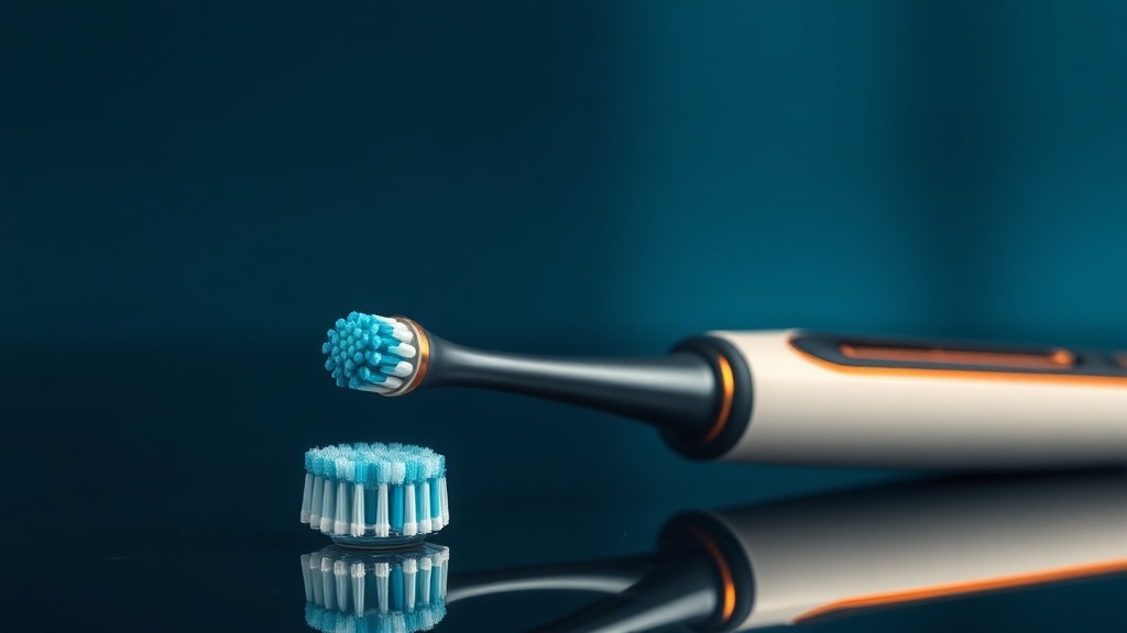 A powered toothbrush with a pressure indicator resting in soft light