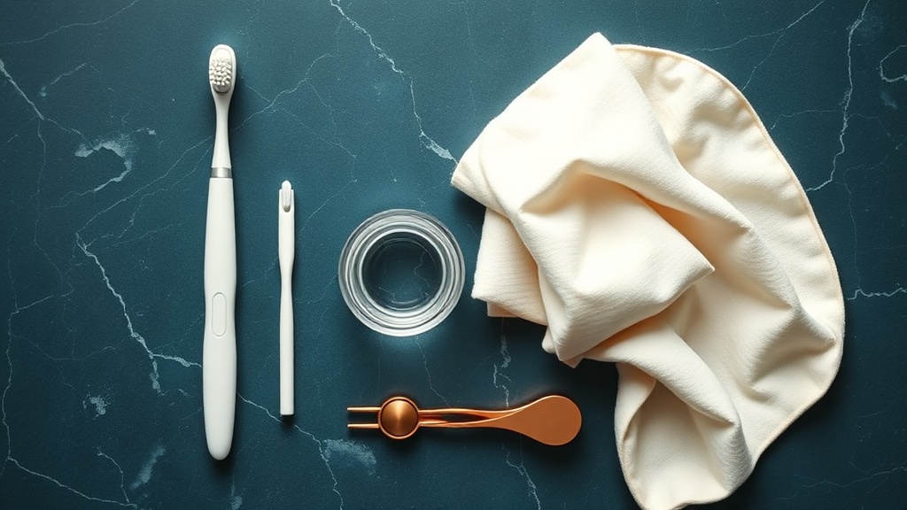 Editorial flat-lay of a gum-care routine: soft brush, interdental brushes, rinse