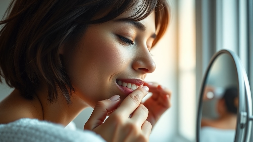 Calm portrait of a person cleaning between teeth gently at a mirror