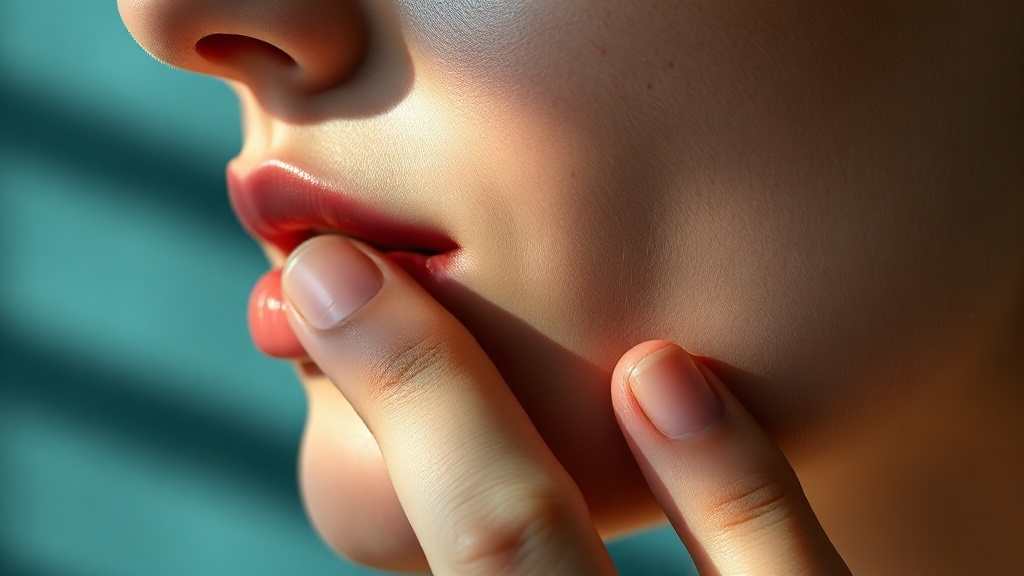 A relaxed lower jaw in soft light with fingertips resting gently over the masseter, suggesting release
