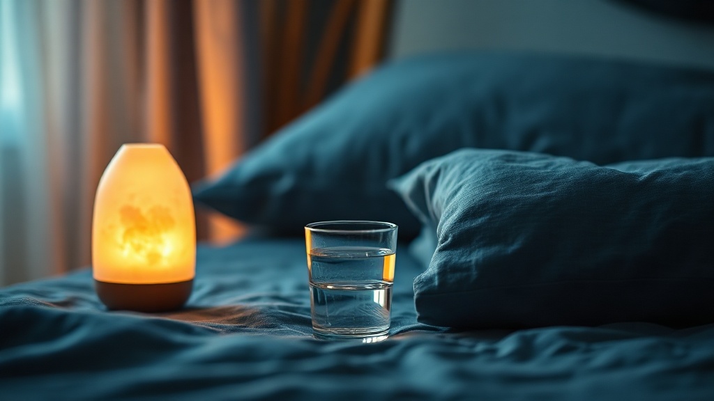 A calm nighttime bedside scene with a softly glowing salt lamp and a glass of water on deep-navy linen