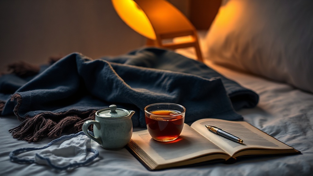 A calming bedside wind-down scene with herbal tea, a soft throw and an open journal in warm lamplight