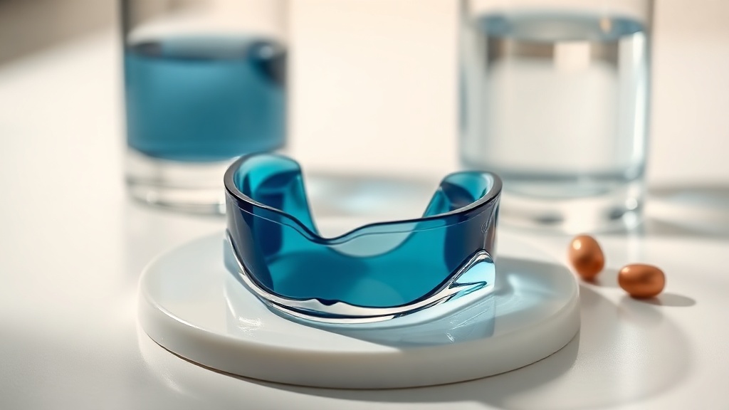 A clear dental night guard resting on a clean surface beside a glass of water in soft morning light