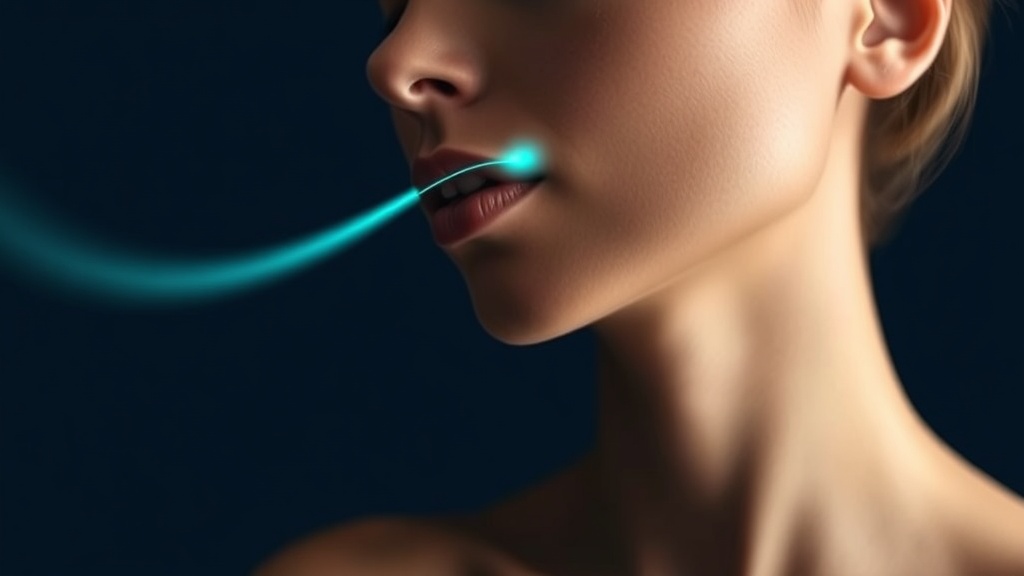 A calm person sitting upright breathing gently through the nose with lips lightly closed