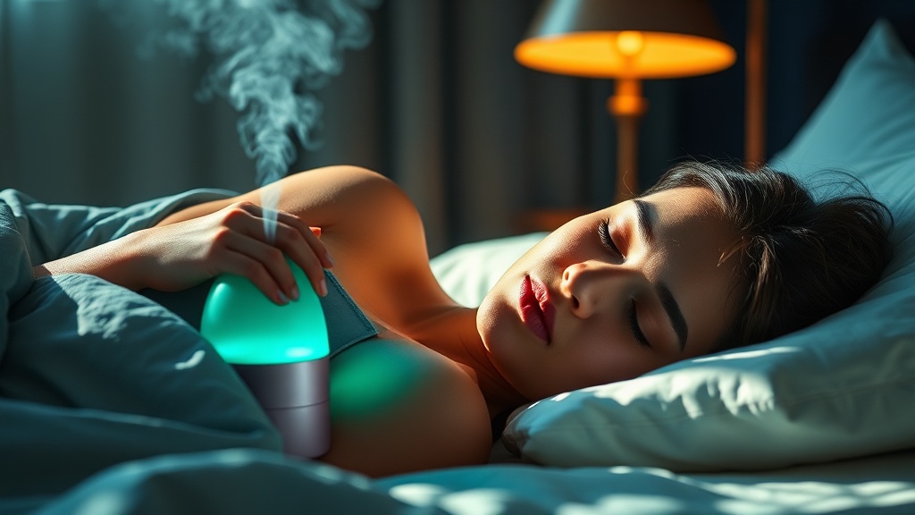 A person sleeping calmly on their side with a bedside humidifier and a raised pillow