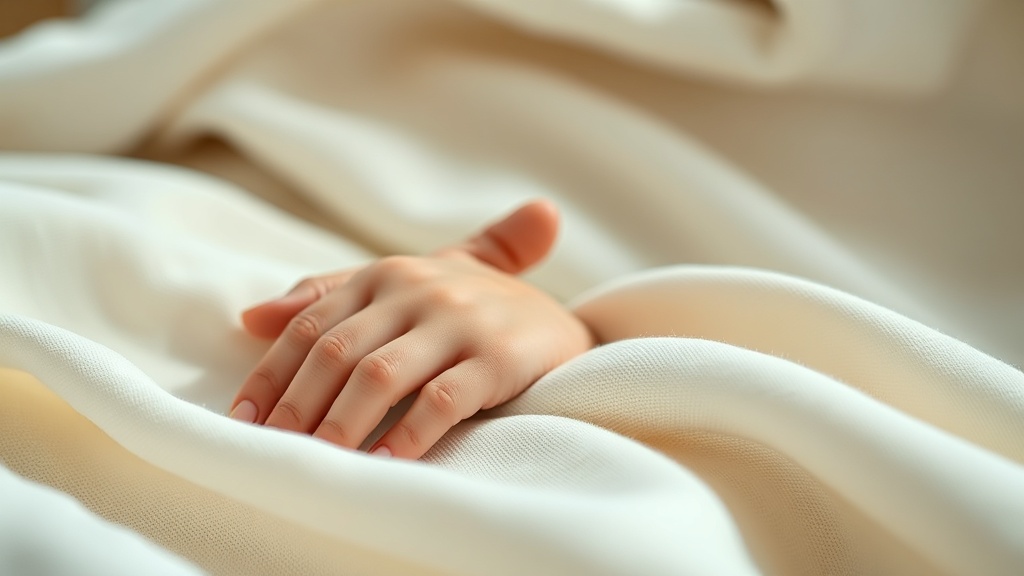 A young child relaxed open hand resting on a soft cream blanket