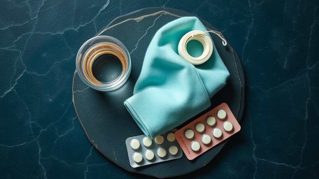 A quick-relief kit: glass of salt water, cold compress and floss on a calm surface