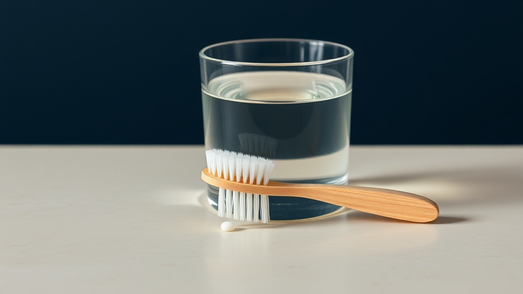 A soft-bristled toothbrush and a glass of water arranged as a calm still life