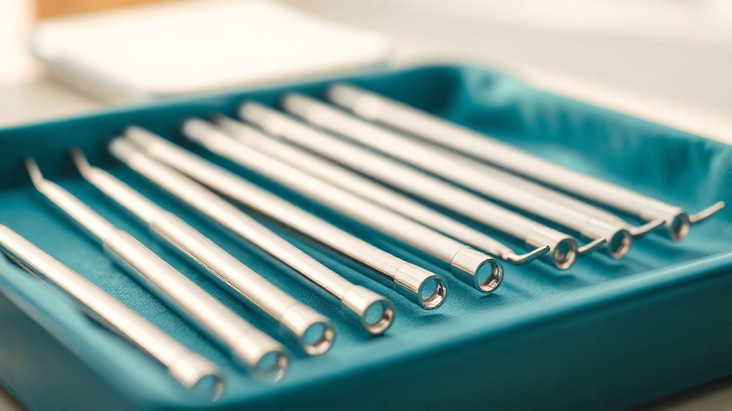 A tray of clean dental scaling instruments