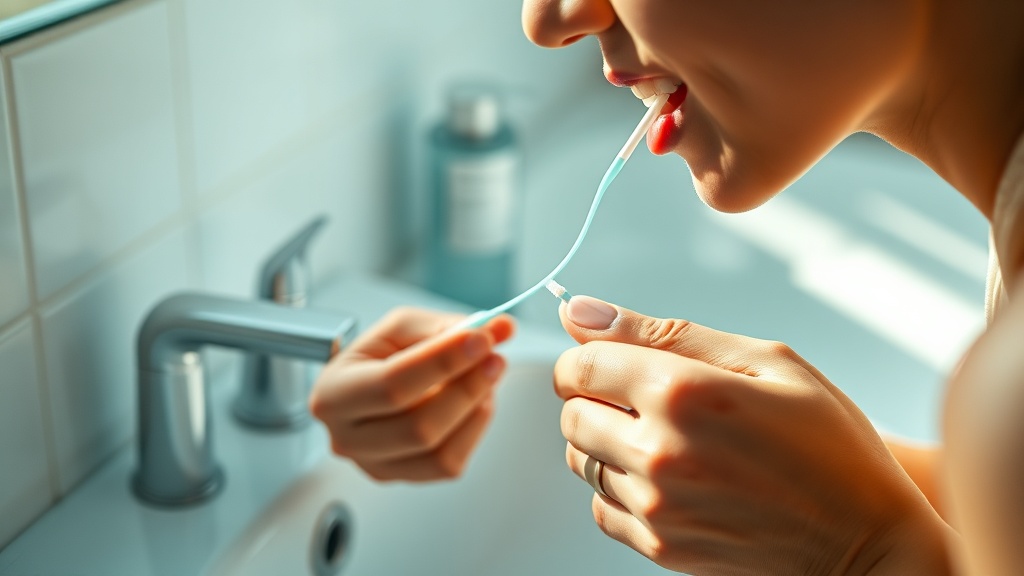 A person cleaning between their teeth at home