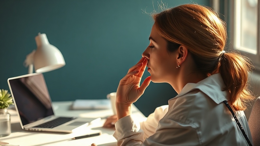 A person pausing at a desk to take a slow breath with a hand resting near the jaw as an awareness cue