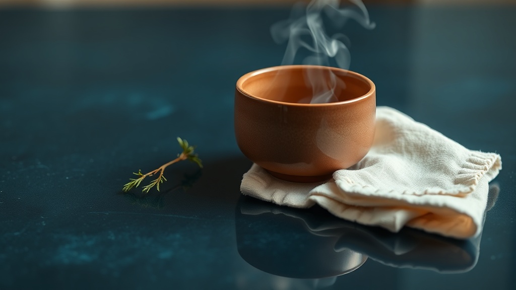 A folded warm cloth beside a softly steaming bowl, suggesting gentle warmth for a sore jaw