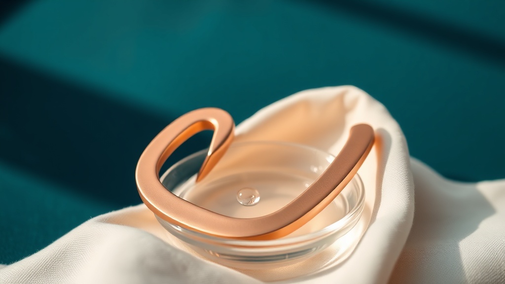 A copper tongue scraper resting on cloth beside a dish of water
