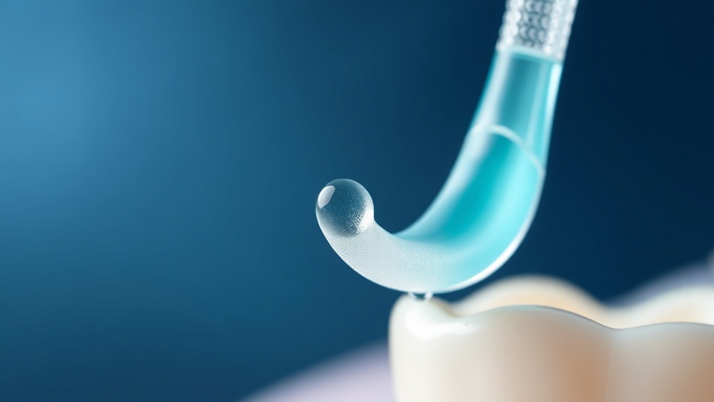 Water flosser tip angled at the gumline releasing a droplet