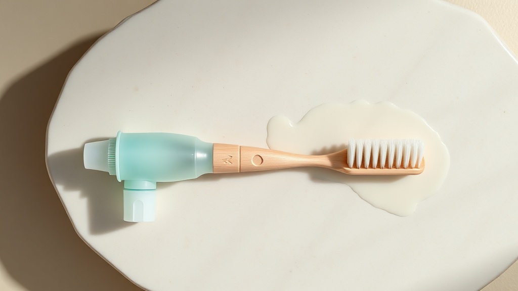 Water flosser reservoir beside a toothbrush showing the flush-then-brush order
