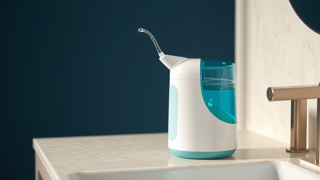 A countertop water flosser with its reservoir and tip