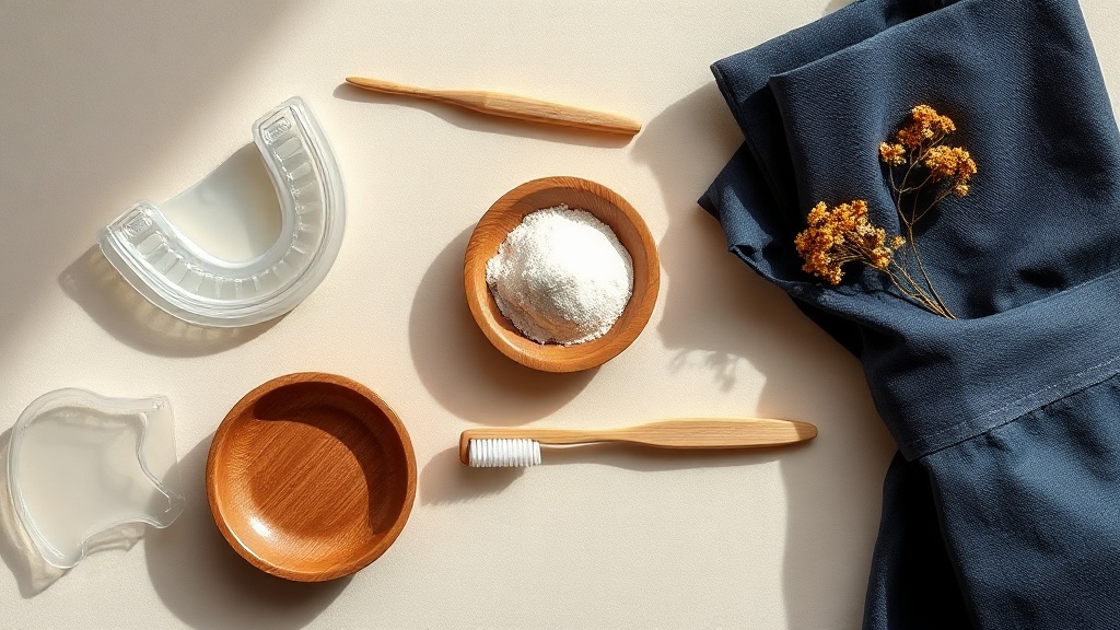 Flat-lay of at-home whitening methods: clear trays, baking soda, a whitening pen and a soft toothbrush