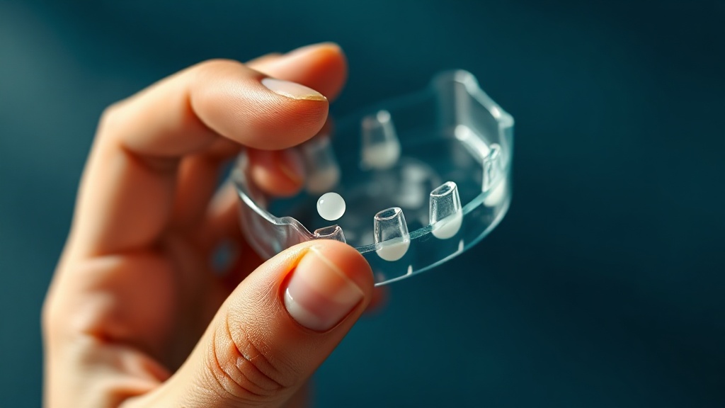 Hands loading a small bead of clear whitening gel into a transparent dental tray
