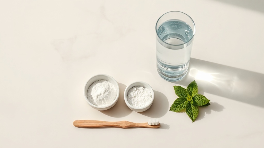 A calm flat-lay of enamel-safe whitening tools: baking soda, a soft toothbrush, a glass of water and fresh mint