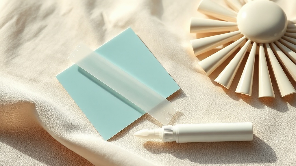 Whitening strips and a gel applicator pen laid beside a dental shade guide