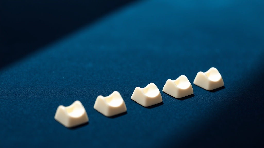 A row of dental shade tabs graduating from yellow to white to track whitening progress