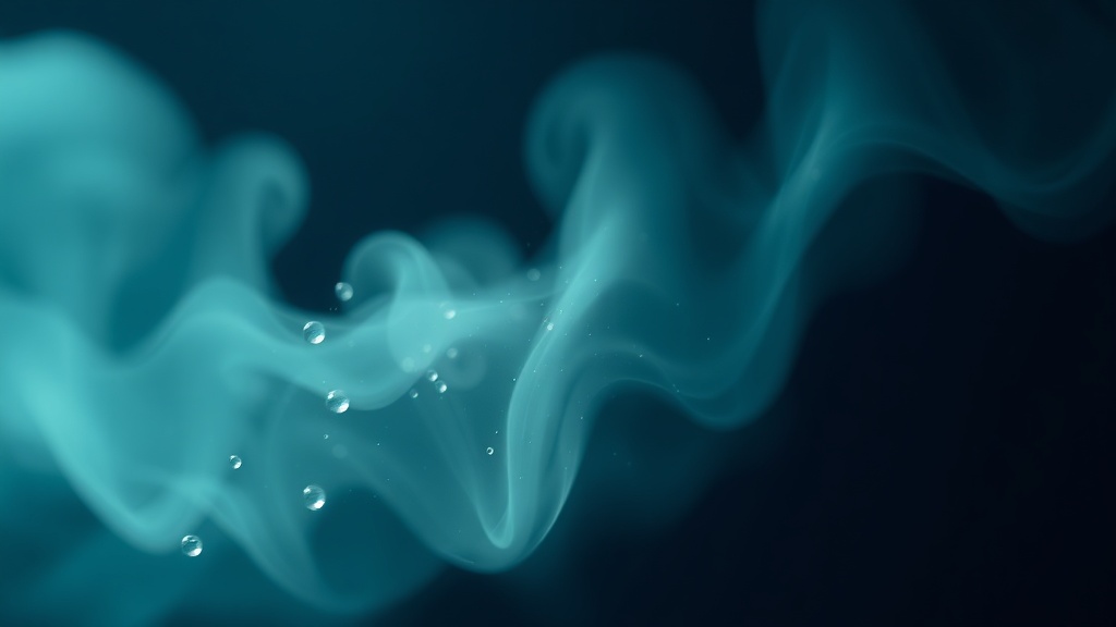 Fine humidified mist and water droplets glowing in soft light against a dark background