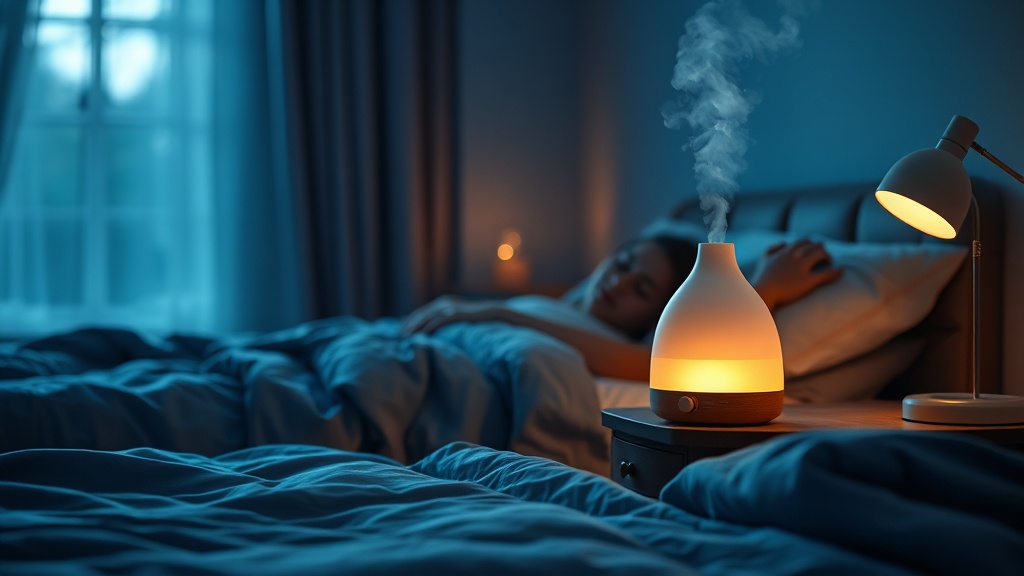 A humidifier glowing softly on a nightstand beside a sleeping person in a dark bedroom