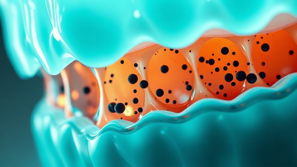 Conceptual cross-section of teal peroxide molecules diffusing through translucent enamel into an amber dentin core and dissolving dark pigment specks