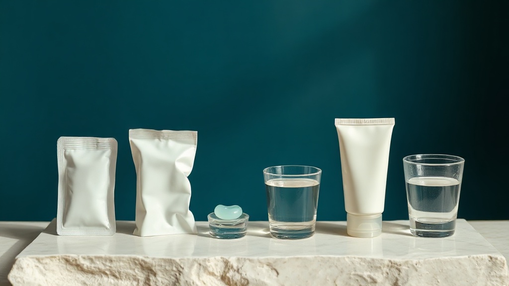 An ascending row of unbranded whitening formats on cream stone under a warm copper gradient