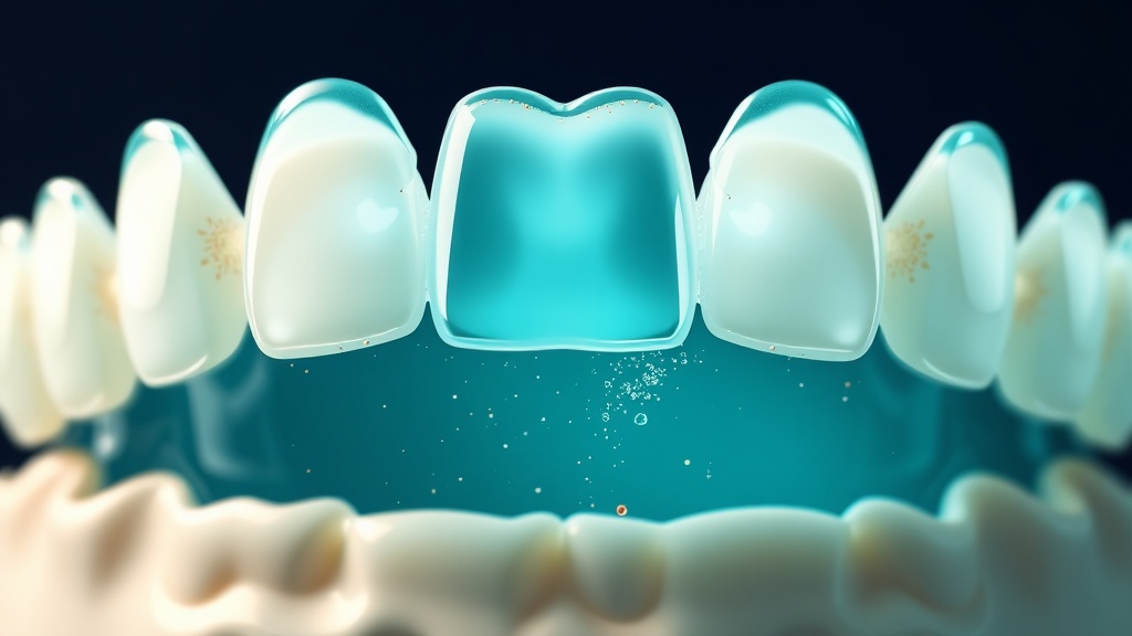 A luminous rinse washing over a full arch of teeth, coating the gumline and between-teeth gaps