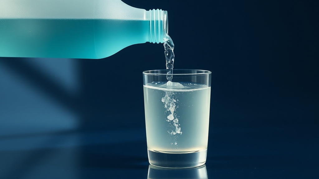 A minimalist bottle of remineralizing rinse pouring into a glass with a soft mineral shimmer