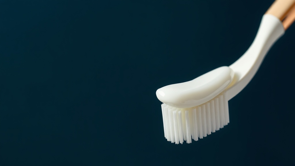 A ribbon of hydroxyapatite toothpaste on a soft brush against calm negative space