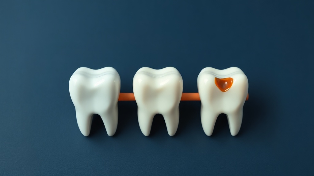 A single tube of toothpaste beside an early white-spot tooth and a cavitated tooth, showing where hydroxyapatite helps
