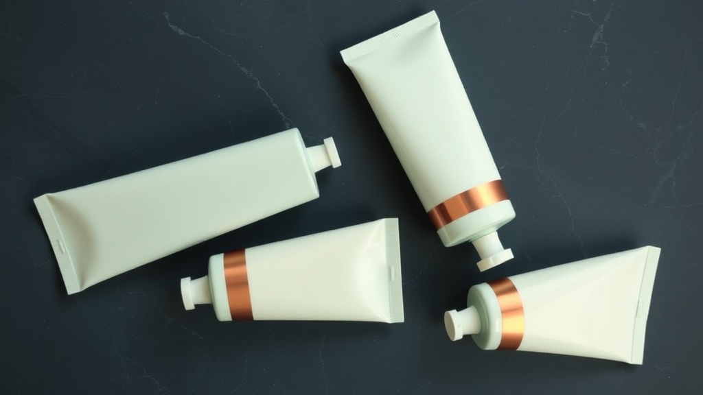 An elegant flat-lay of several unbranded toothpaste tubes arranged by concentration, fluoride status and abrasivity