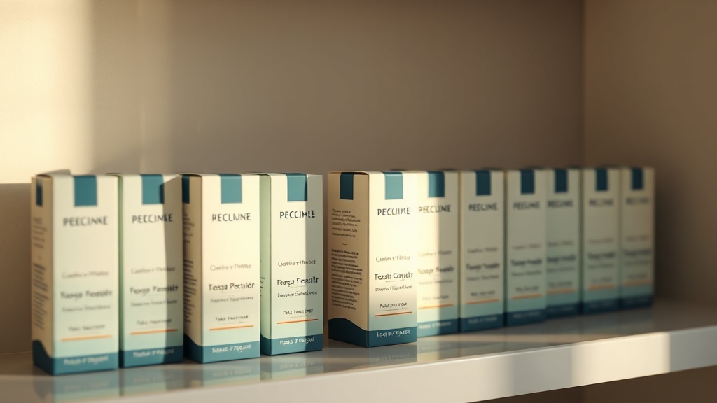 A calm retail-style row of unbranded premium toothpaste boxes with a single one gently highlighted