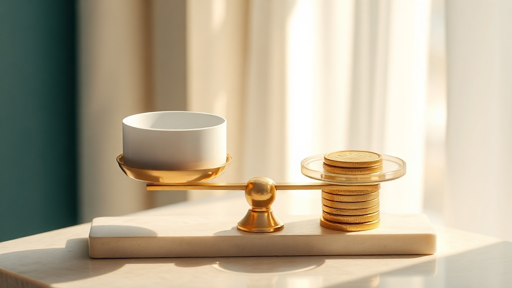 A balance scale weighing a clear dental whitening tray against a stack of gold coins, illustrating cost versus value