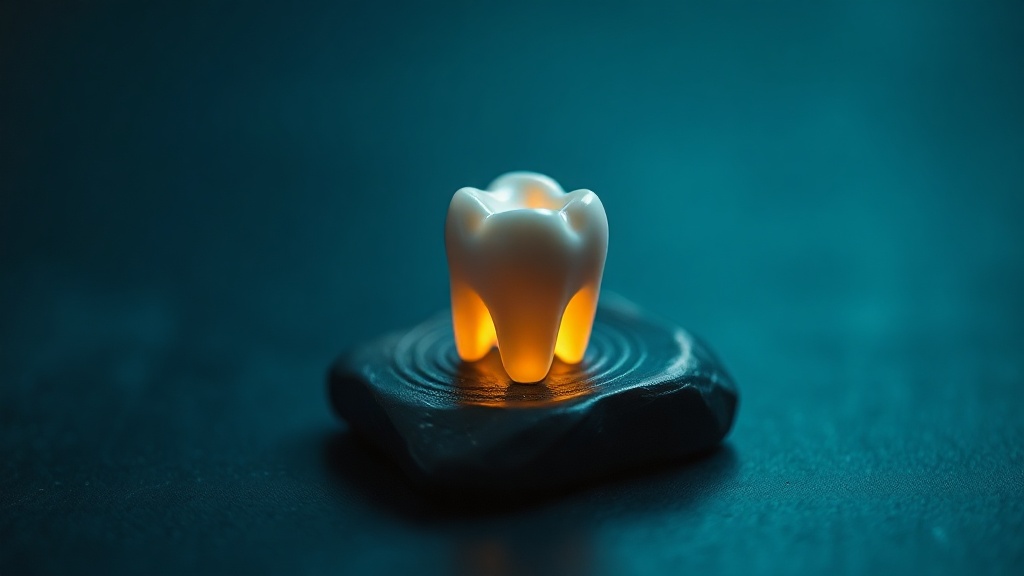 A single glowing ceramic tooth model on a dark surface with a soft ripple, representing brief whitening sensitivity
