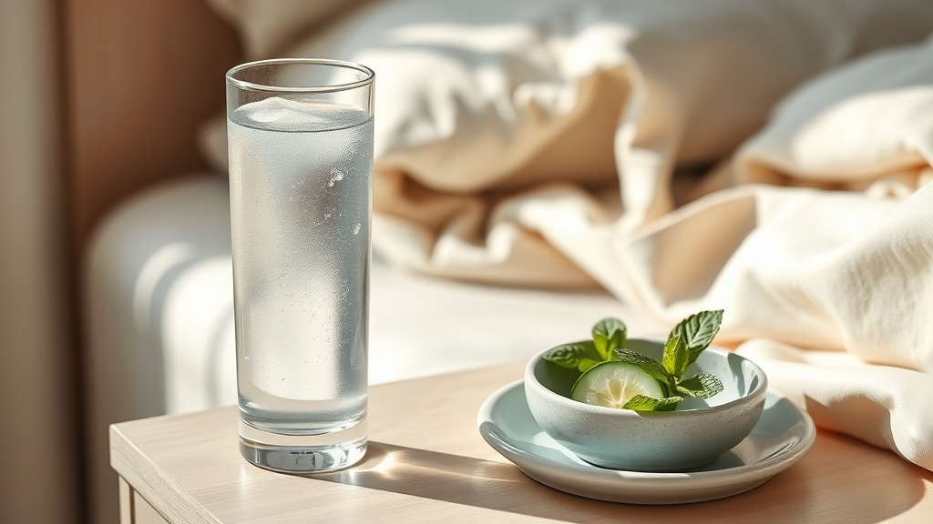 A glass of water and a small dish of cucumber and mint on a bright bedside table