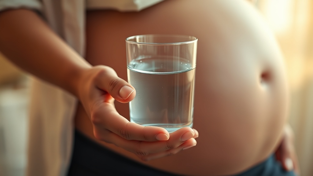 A pregnant woman's hands gently holding a glass of water with her belly softly in view