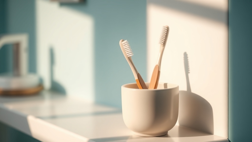 Two toothbrushes resting together in a ceramic cup