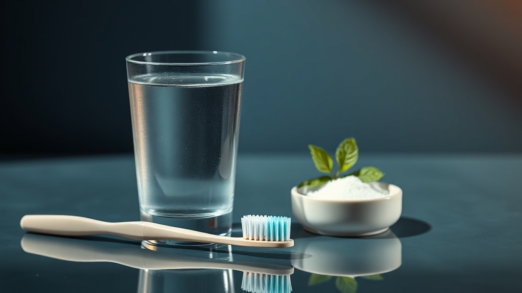 A glass of water and a soft toothbrush arranged calmly in warm natural light